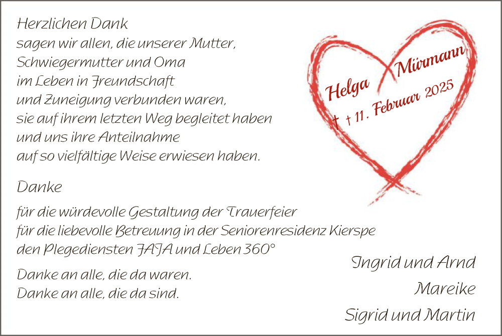  Traueranzeige für Helga Mürmann vom 12.03.2025 aus WA