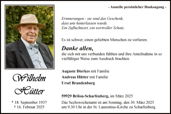 Traueranzeige von Hütter, Wilhelm von WA