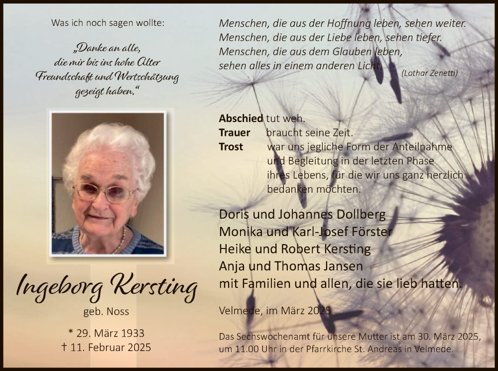  Traueranzeige für Ingeborg Kersting vom 22.03.2025 aus WA