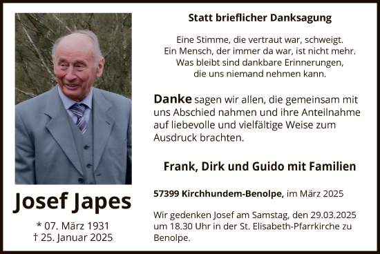 Traueranzeige von Josef Japes von WA