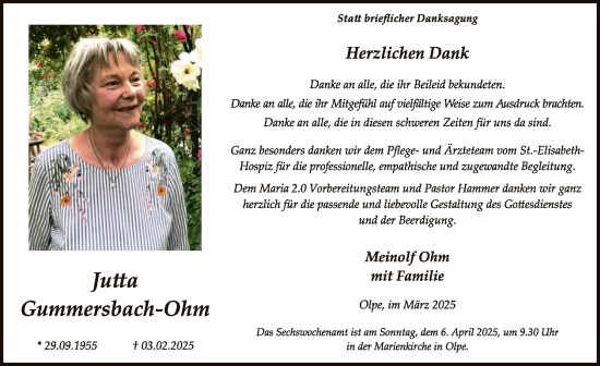 Traueranzeige von Jutta Gummersbach-Ohm von WA