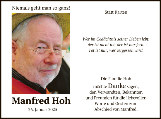 Traueranzeige von Manfred Hoh von WA