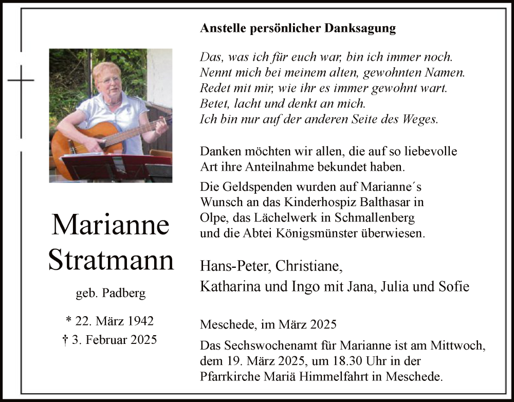  Traueranzeige für Marianne Stratmann vom 08.03.2025 aus WA