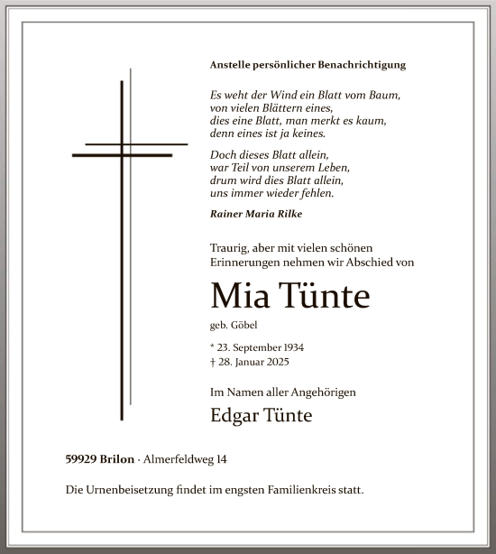 Traueranzeige von Mia Tünte von WA