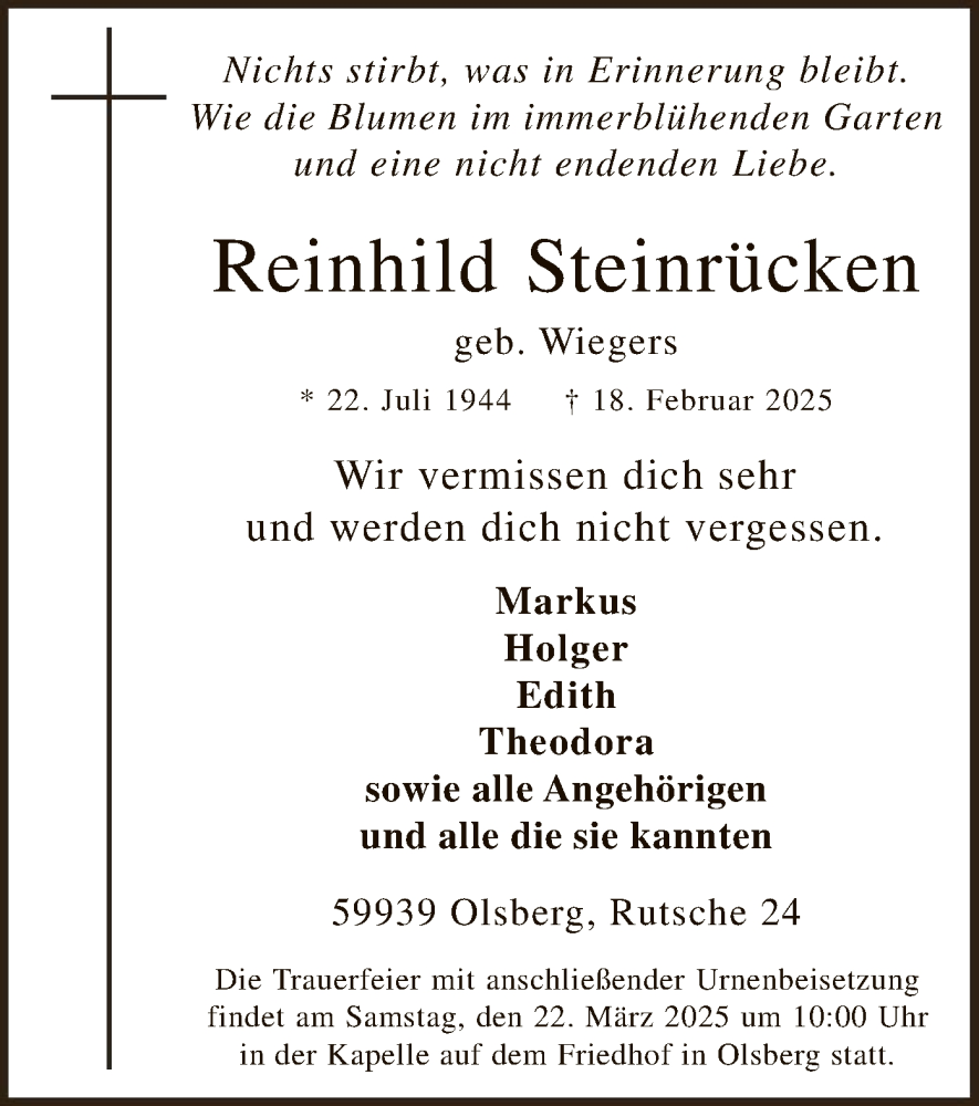  Traueranzeige für Reinhild Steinrücken vom 15.03.2025 aus WA