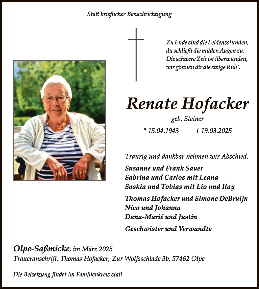  Traueranzeige für Renate Hofacker vom 29.03.2025 aus WA