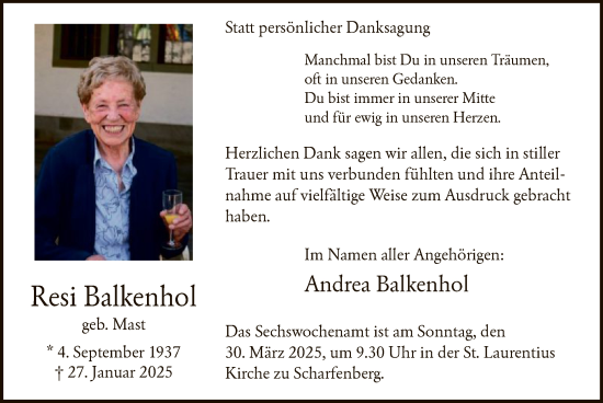 Traueranzeige von Resi Balkenhol von WA