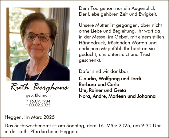 Traueranzeige von Ruth Berghaus von WA