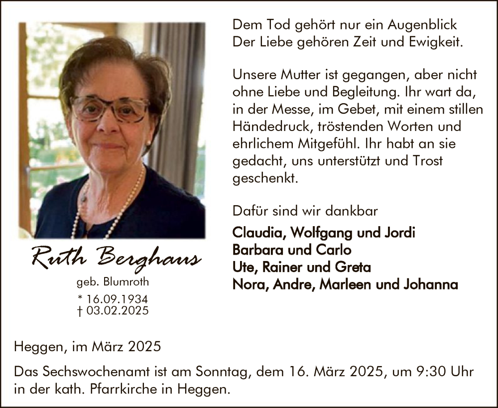  Traueranzeige für Ruth Berghaus vom 08.03.2025 aus WA