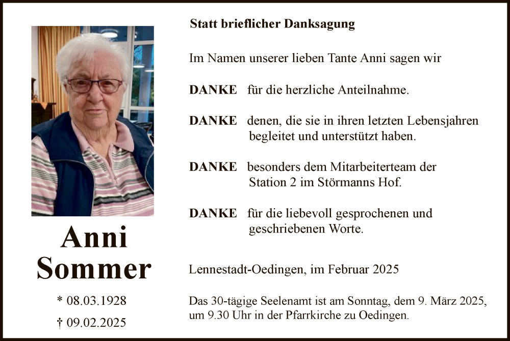  Traueranzeige für Sommer, Agnes vom 01.03.2025 aus WA