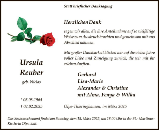 Traueranzeige von Ursula Reuber von WA