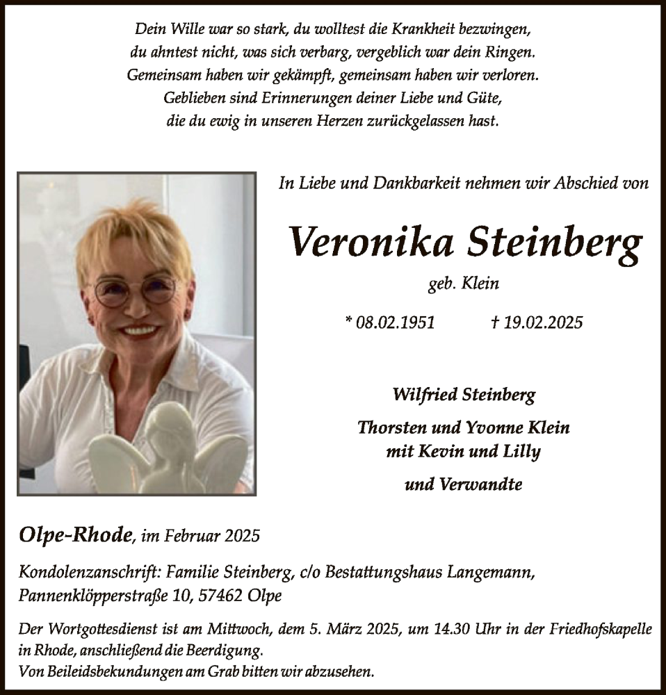  Traueranzeige für Veronika Steinberg vom 01.03.2025 aus WA