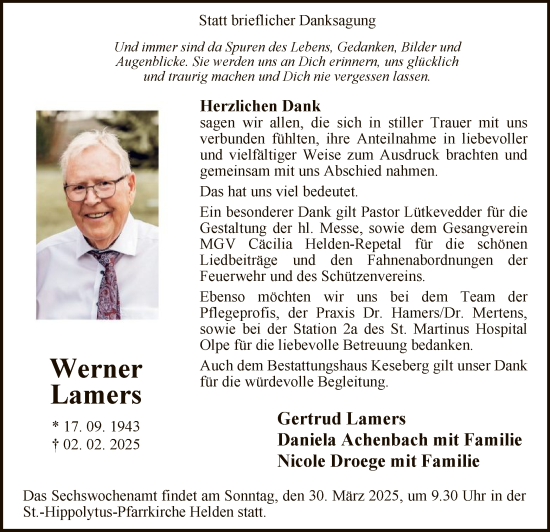 Traueranzeige von Werner Lamers von WA