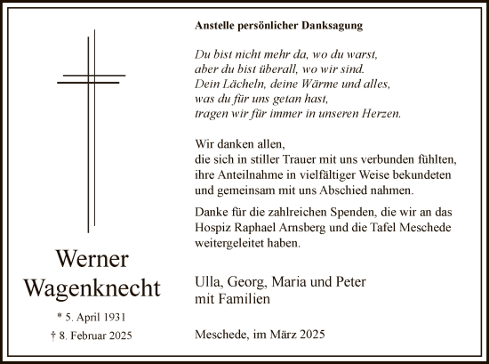 Traueranzeige von Werner Wagenknecht von WA