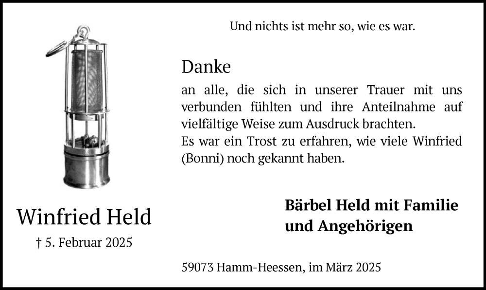  Traueranzeige für Winfried Held vom 15.03.2025 aus WA