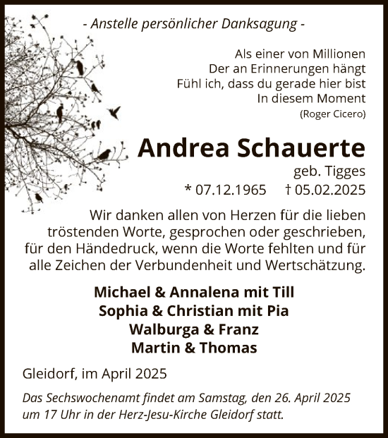 Traueranzeige von Andrea Schauerte von WA
