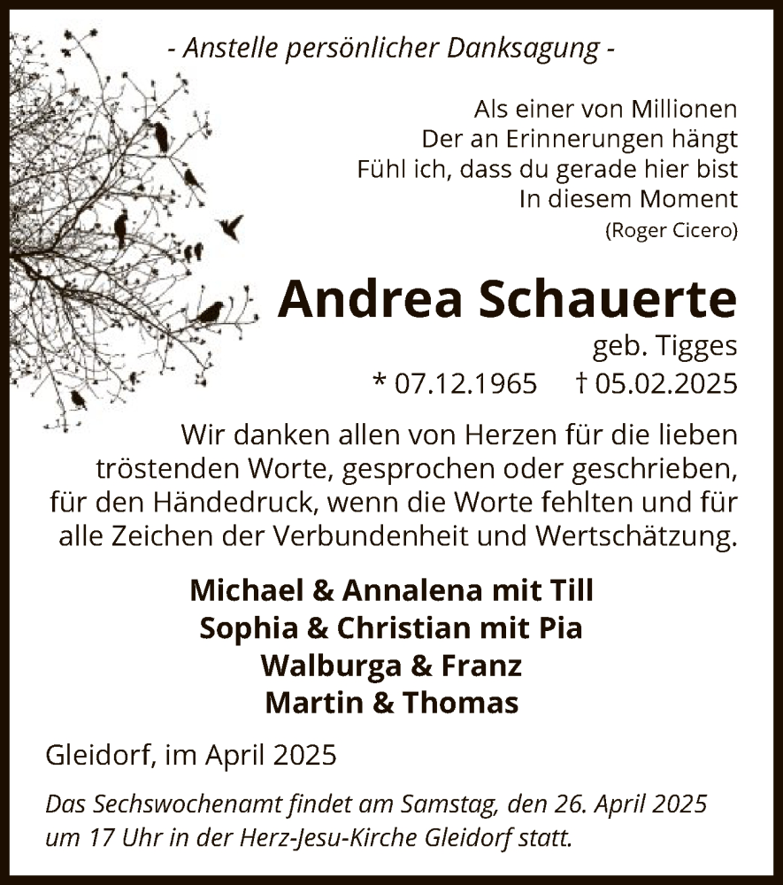  Traueranzeige für Andrea Schauerte vom 19.04.2025 aus WA