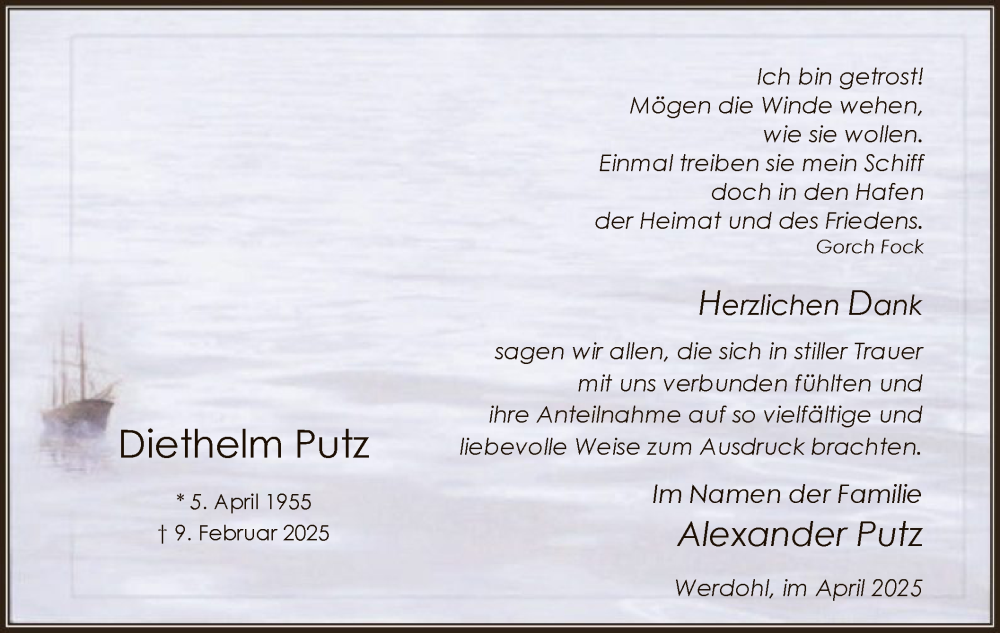  Traueranzeige für Diethelm Putz vom 26.04.2025 aus WA