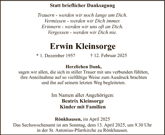 Traueranzeige von Erwin Kleinsorge von WA