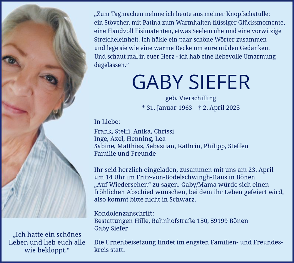  Traueranzeige für Gaby Siefer vom 12.04.2025 aus WA