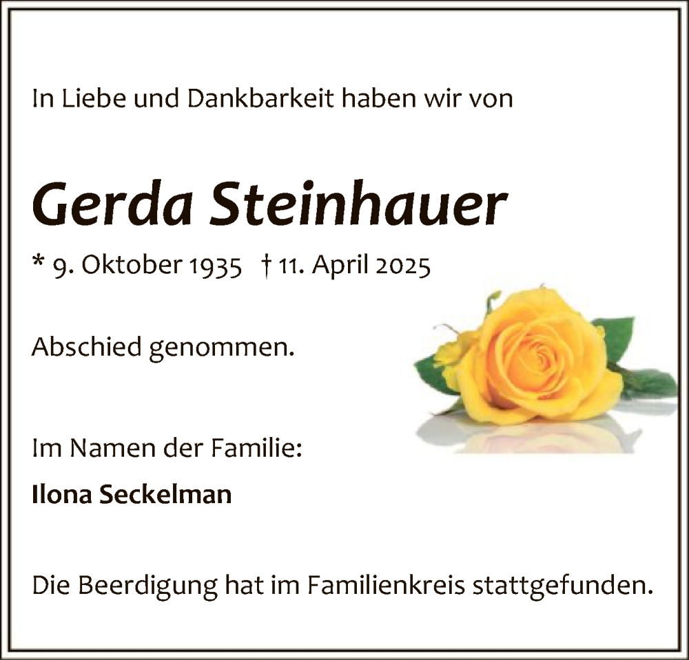  Traueranzeige für Gerda Steinhauer vom 28.04.2025 aus WA