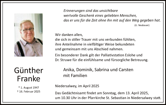 Traueranzeige von Günther Franke von WA
