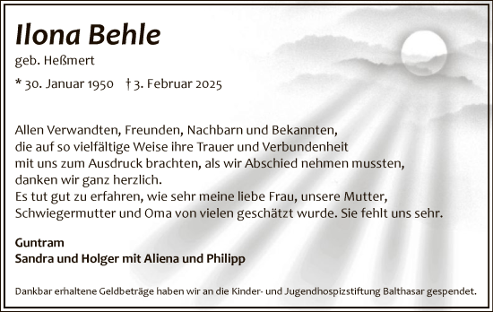 Traueranzeige von Ilona Behle von WA