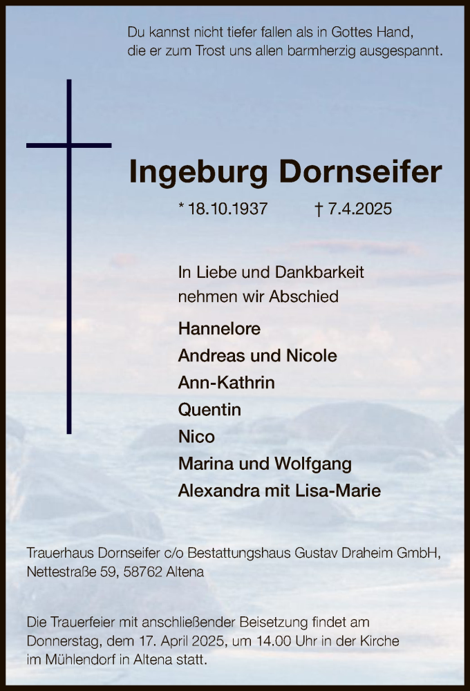  Traueranzeige für Ingeburg Dornseifer vom 12.04.2025 aus WA