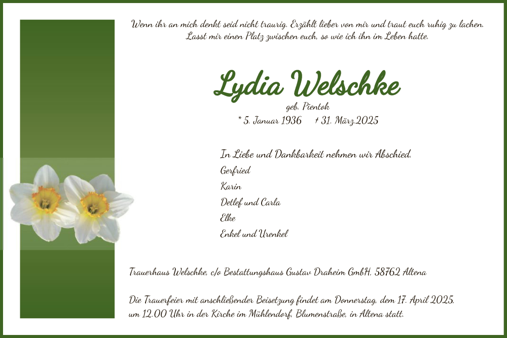  Traueranzeige für Lydia Welschke vom 12.04.2025 aus WA