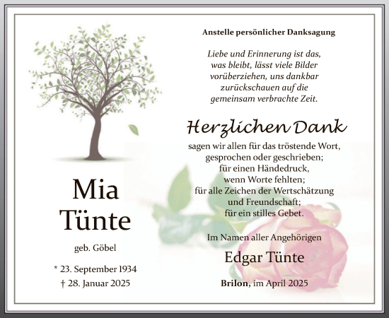 Traueranzeige von Mia Tünte von WA