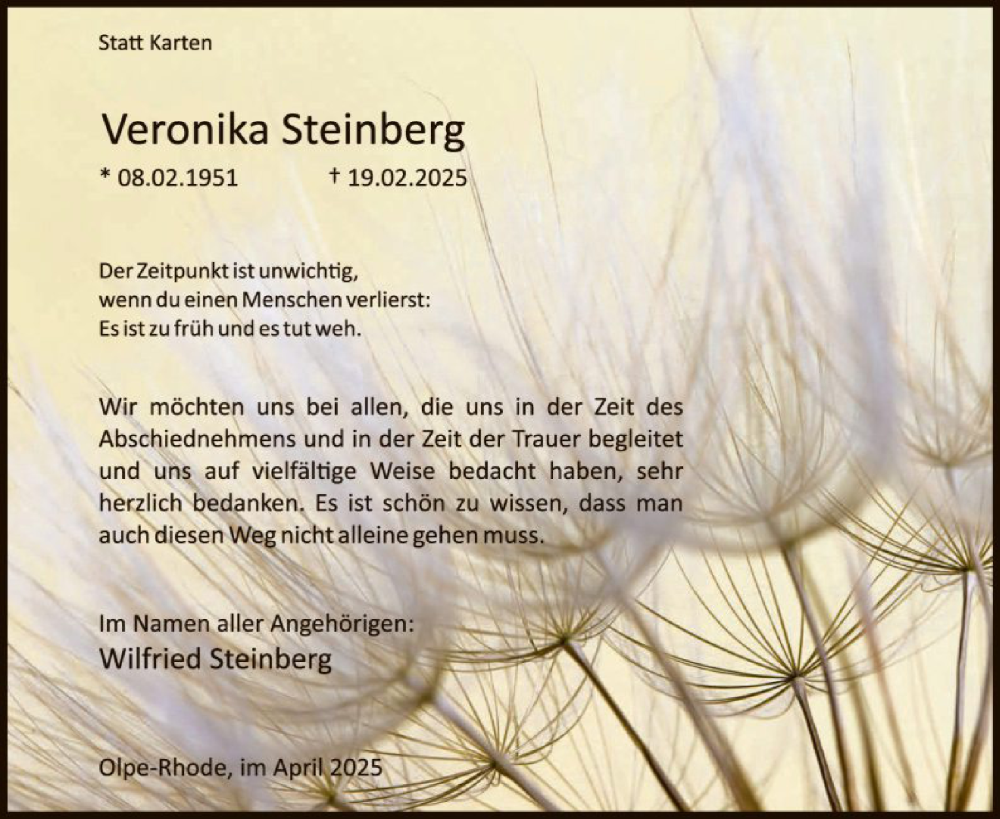  Traueranzeige für Veronika Steinberg vom 12.04.2025 aus WA
