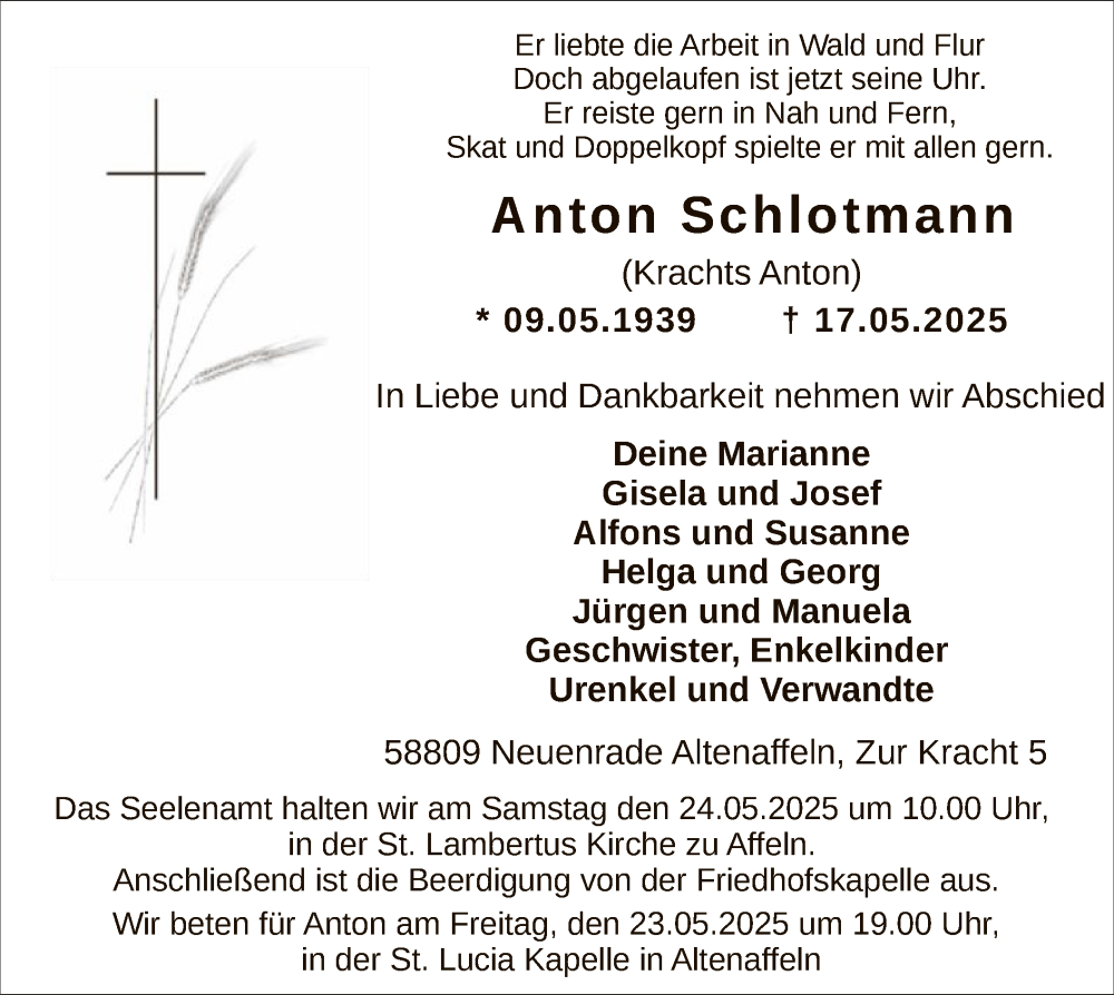  Traueranzeige für Anton Schlotmann vom 20.05.2025 aus WA