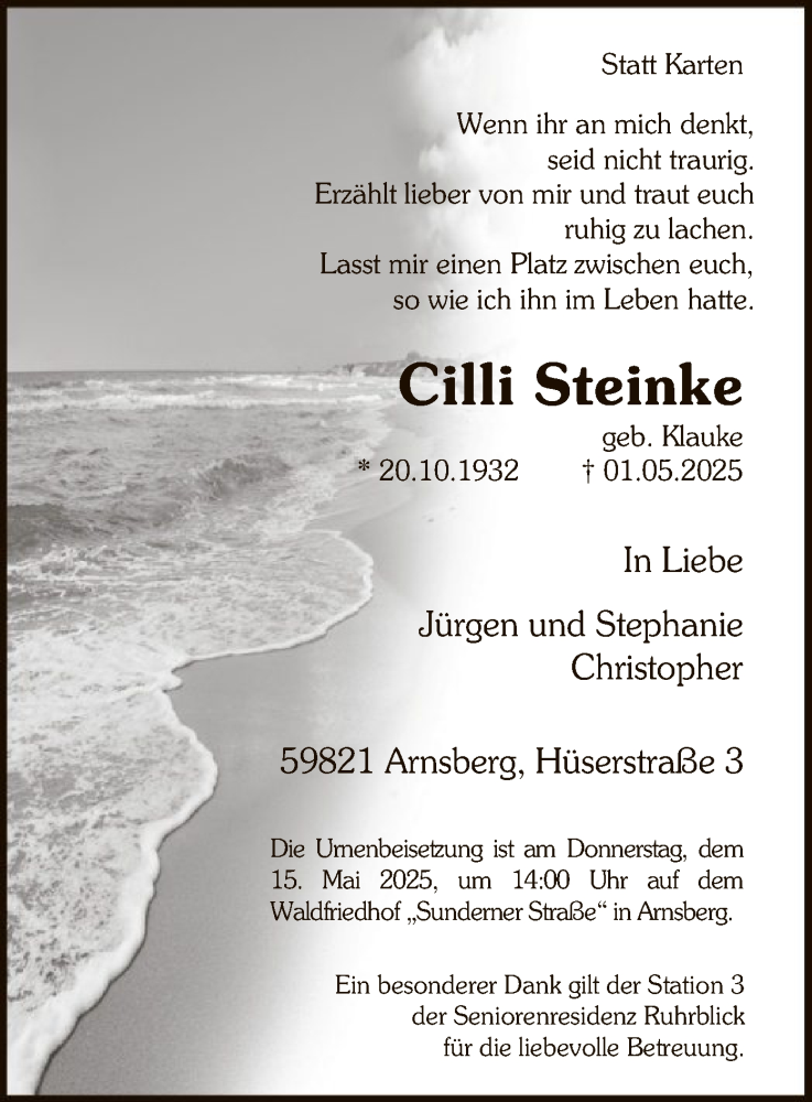 Traueranzeige für Cilli Steinke vom 10.05.2025 aus WA