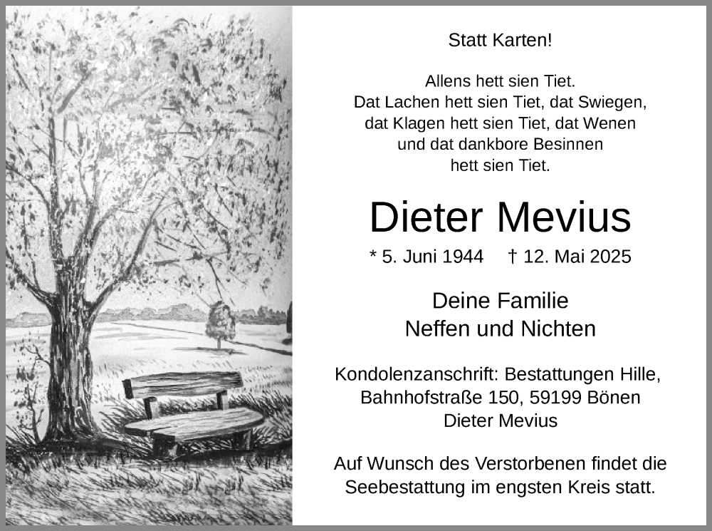  Traueranzeige für Dieter Mevius vom 17.05.2025 aus WA