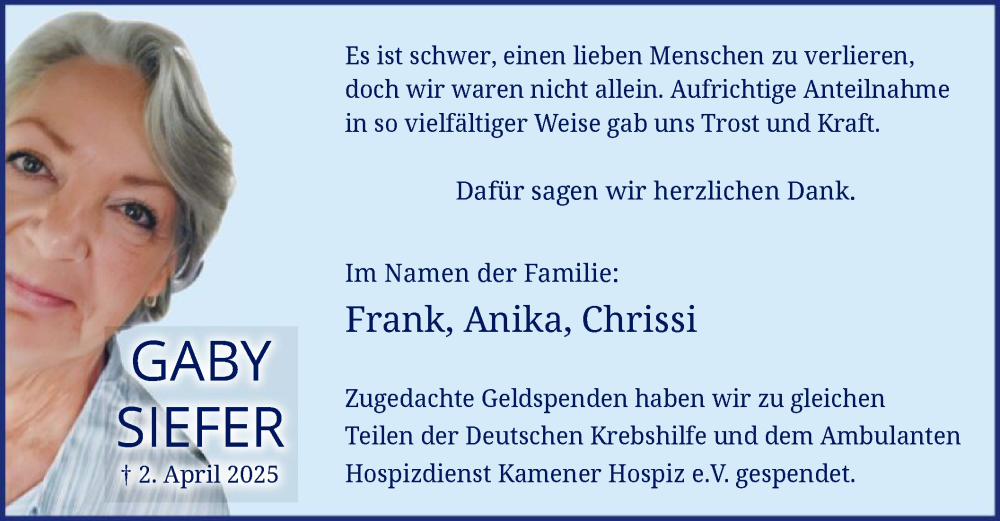  Traueranzeige für Gaby Siefer vom 17.05.2025 aus WA