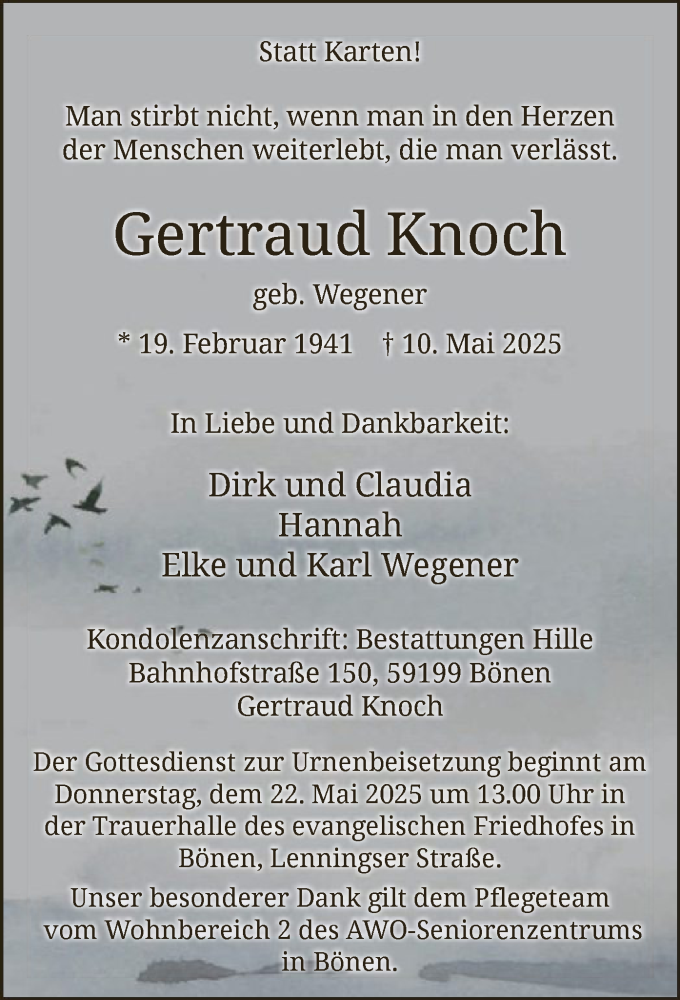  Traueranzeige für Gertraud Knoch vom 17.05.2025 aus WA