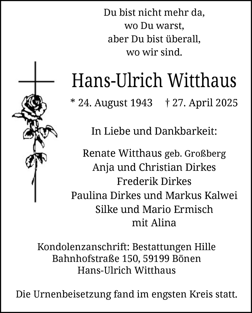  Traueranzeige für Hans-Ulrich Witthaus vom 17.05.2025 aus WA