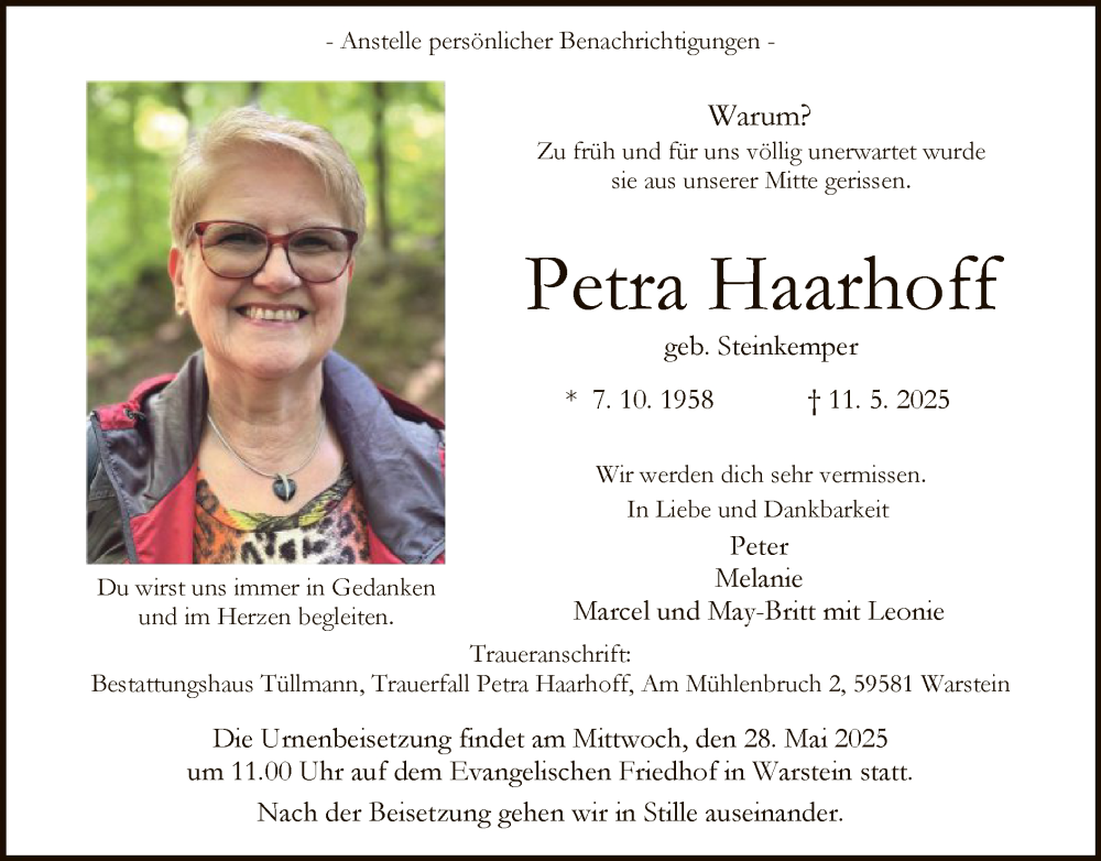  Traueranzeige für Petra Haarhoff vom 17.05.2025 aus WA