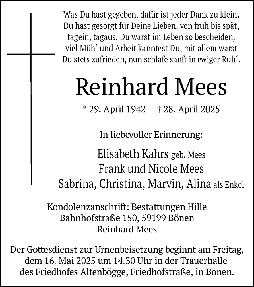  Traueranzeige für Reinhard Mees vom 10.05.2025 aus WA