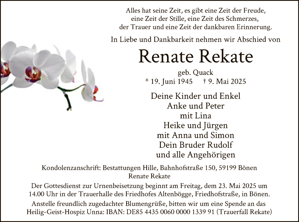  Traueranzeige für Renate Rekate vom 17.05.2025 aus WA