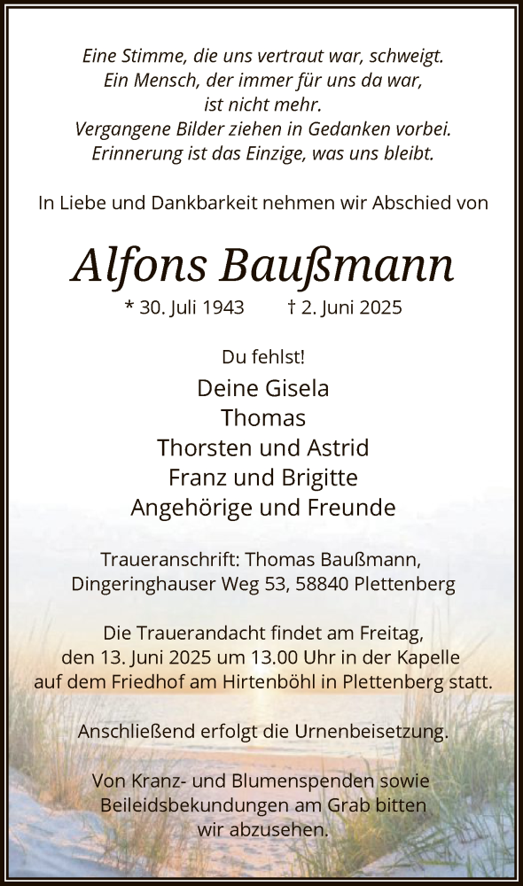  Traueranzeige für Alfons Baußmann vom 06.06.2025 aus HALN