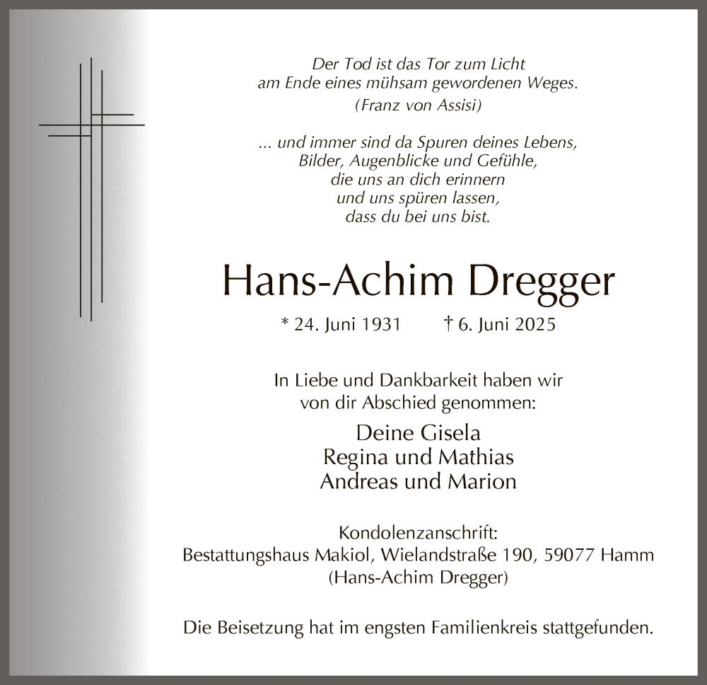  Traueranzeige für Hans-Achim Dregger vom 21.06.2025 aus HAWA