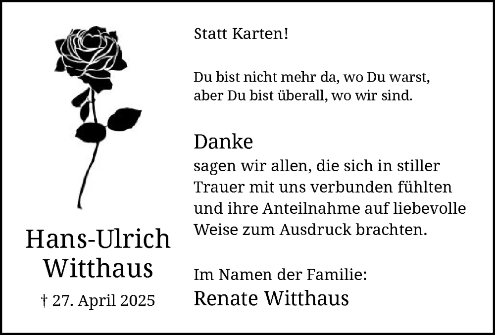  Traueranzeige für Hans-Ulrich Witthaus vom 07.06.2025 aus HAWA