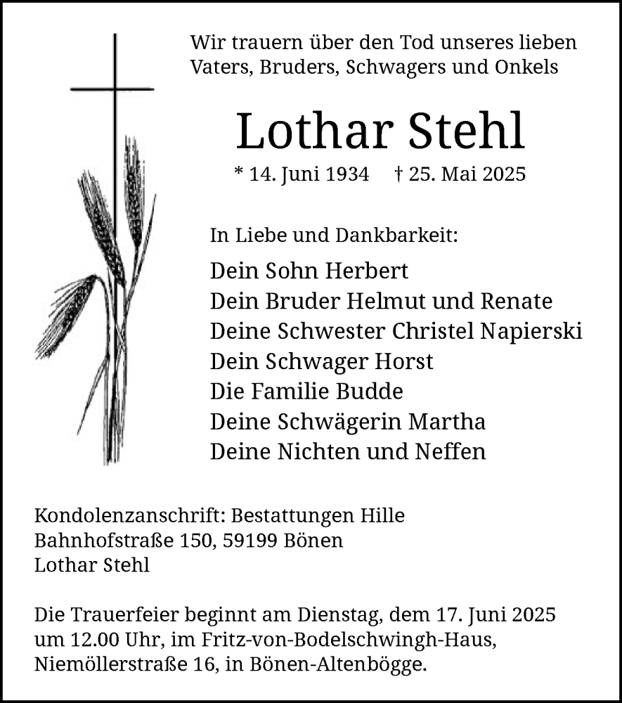  Traueranzeige für Lothar Stehl vom 14.06.2025 aus HAWA
