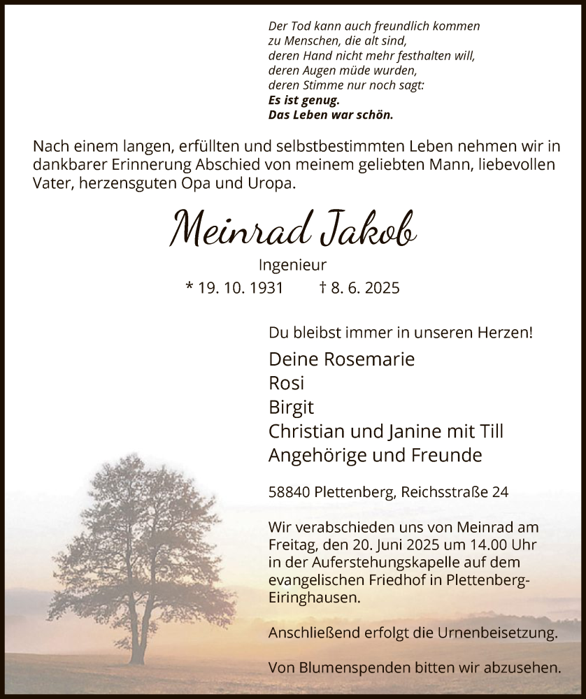  Traueranzeige für Meinrad Jabob vom 14.06.2025 aus HALN