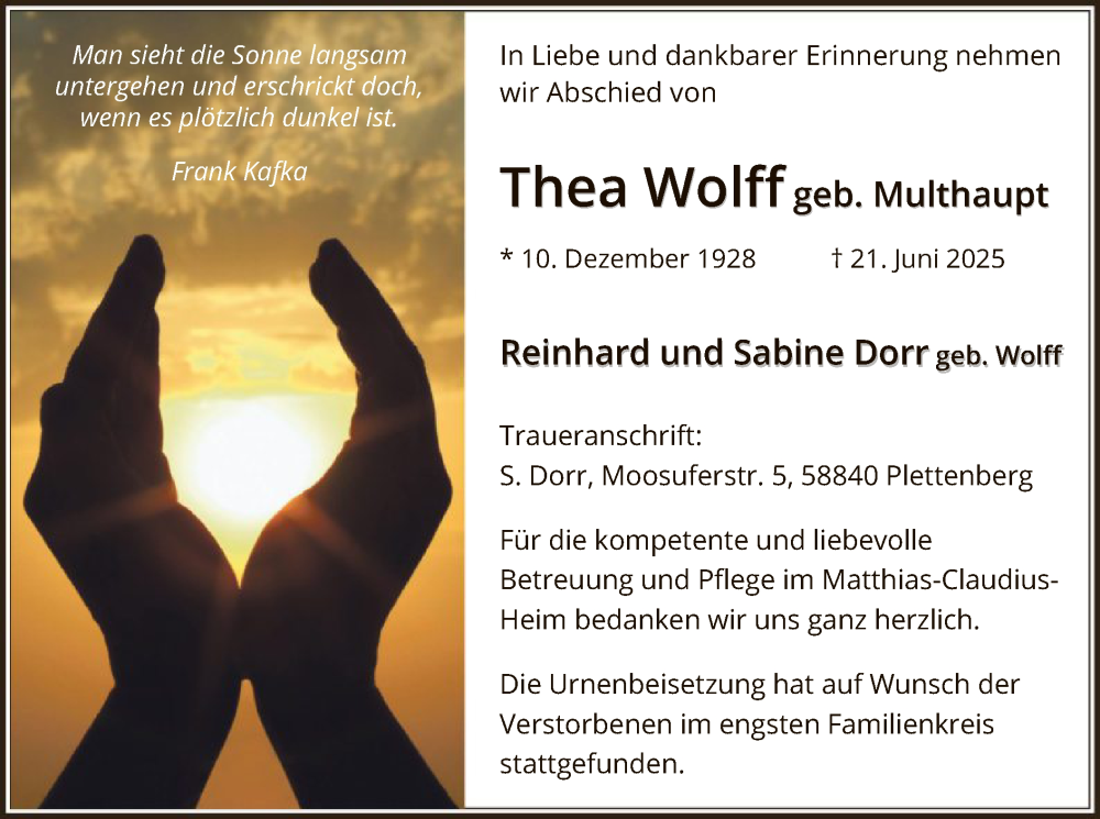  Traueranzeige für Thea Wolff vom 30.06.2025 aus HALN