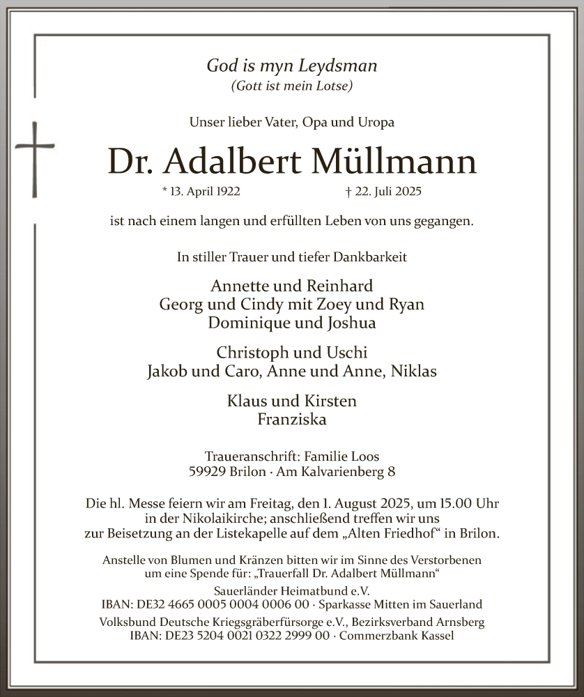  Traueranzeige für Adalbert Müllmann vom 26.07.2025 aus HASK