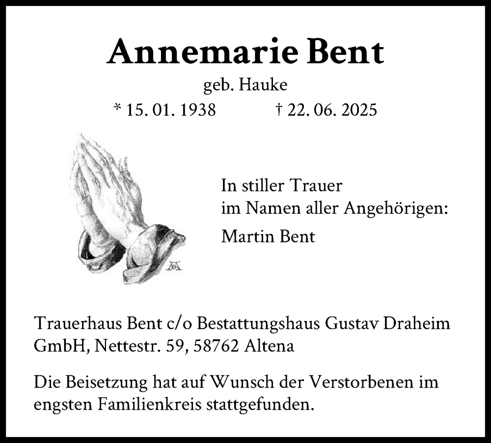  Traueranzeige für Annemarie Bent vom 12.07.2025 aus HALN
