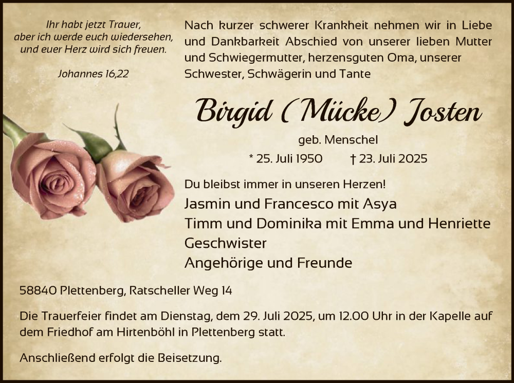  Traueranzeige für Birgid Josten vom 26.07.2025 aus HALN