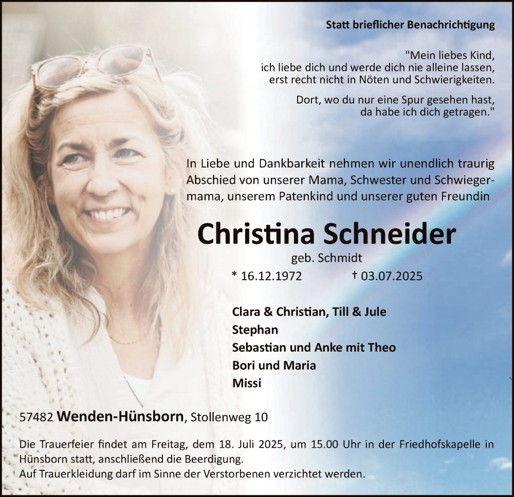  Traueranzeige für Christina Schneider vom 12.07.2025 aus HASK
